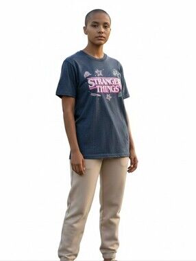 Stranger Things Graphic Tee - Navy with Pink Logo